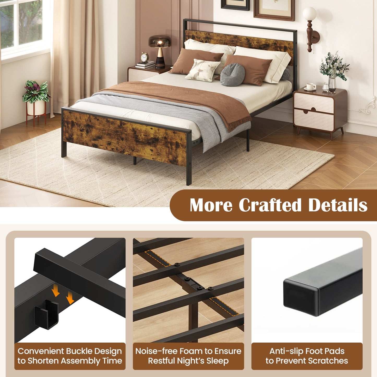 Heavy-Duty Industrial Platform Bed with Wood Headboard and Storage Space, Full Size