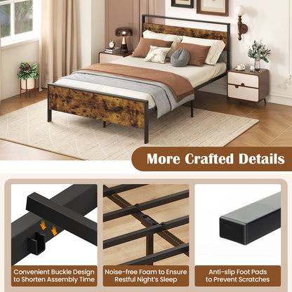 Heavy-Duty Industrial Platform Bed with Wood Headboard and Storage Space, Full Size