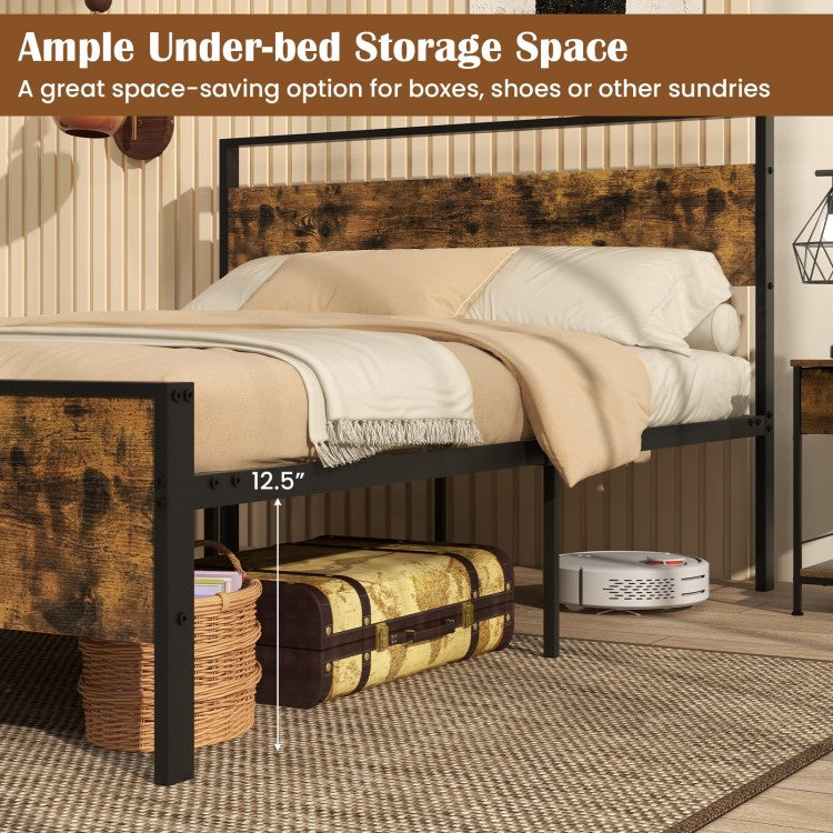 Heavy-Duty Industrial Platform Bed with Wood Headboard and Storage Space, Full Size