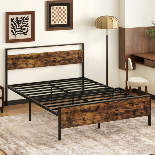 Heavy-Duty Industrial Platform Bed with Wood Headboard and Storage Space, Queen Size