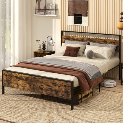 Heavy-Duty Industrial Platform Bed with Wood Headboard and Storage Space, Queen Size