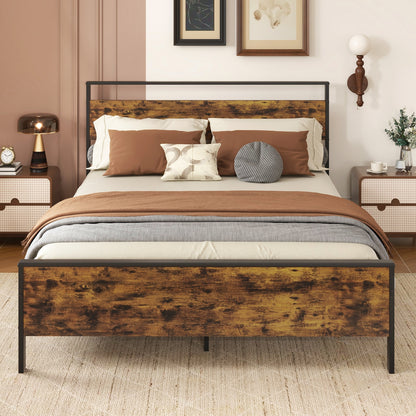 Heavy-Duty Industrial Platform Bed with Wood Headboard and Storage Space, Queen Size