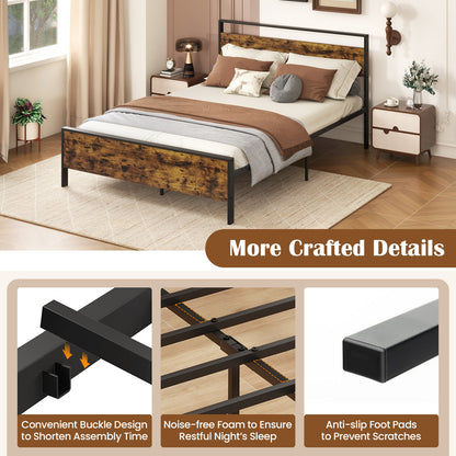 Heavy-Duty Industrial Platform Bed with Wood Headboard and Storage Space, Queen Size