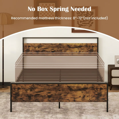 Heavy-Duty Industrial Platform Bed with Wood Headboard and Storage Space, Queen Size