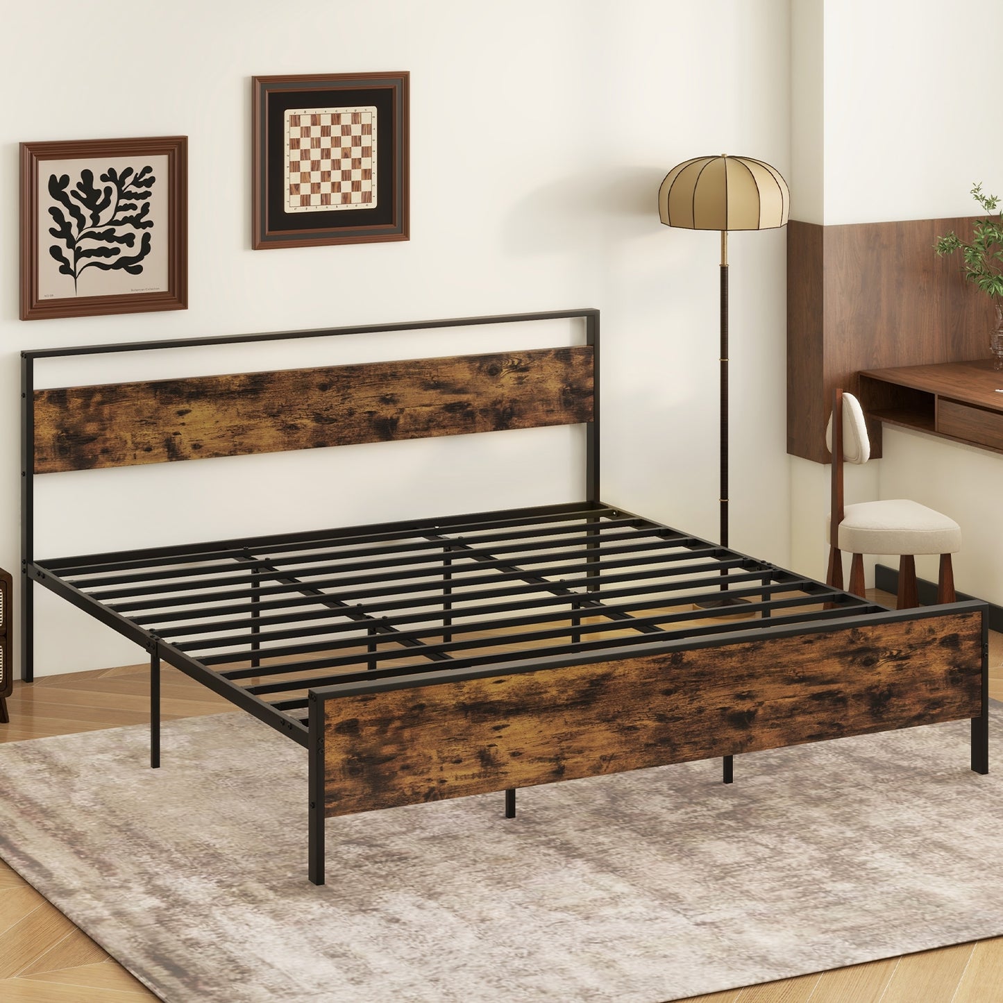 Heavy-Duty Industrial Platform Bed with Wood Headboard and Storage Space, King Size