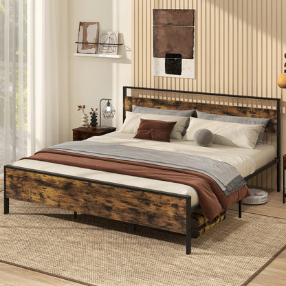 Heavy-Duty Industrial Platform Bed with Wood Headboard and Storage Space, King Size