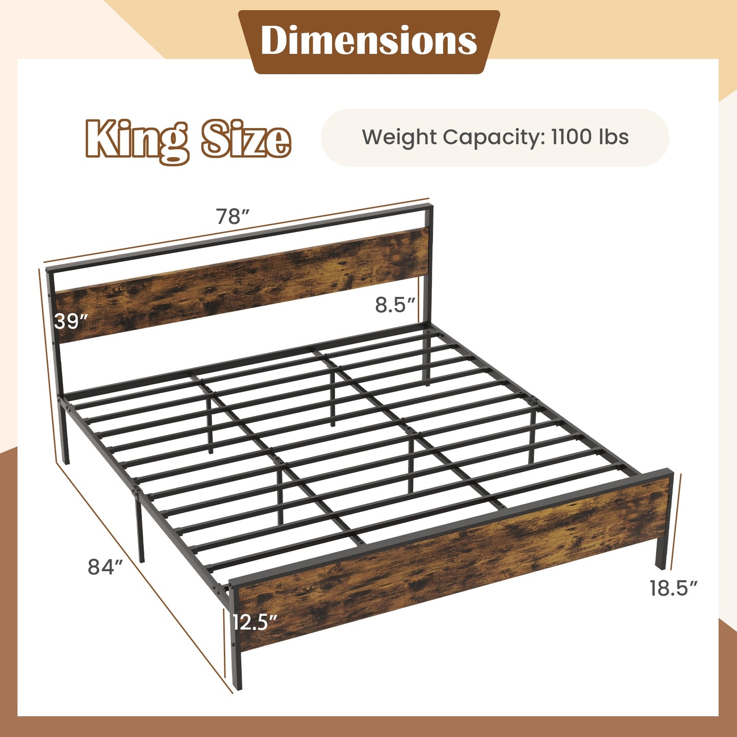 Heavy-Duty Industrial Platform Bed with Wood Headboard and Storage Space, King Size