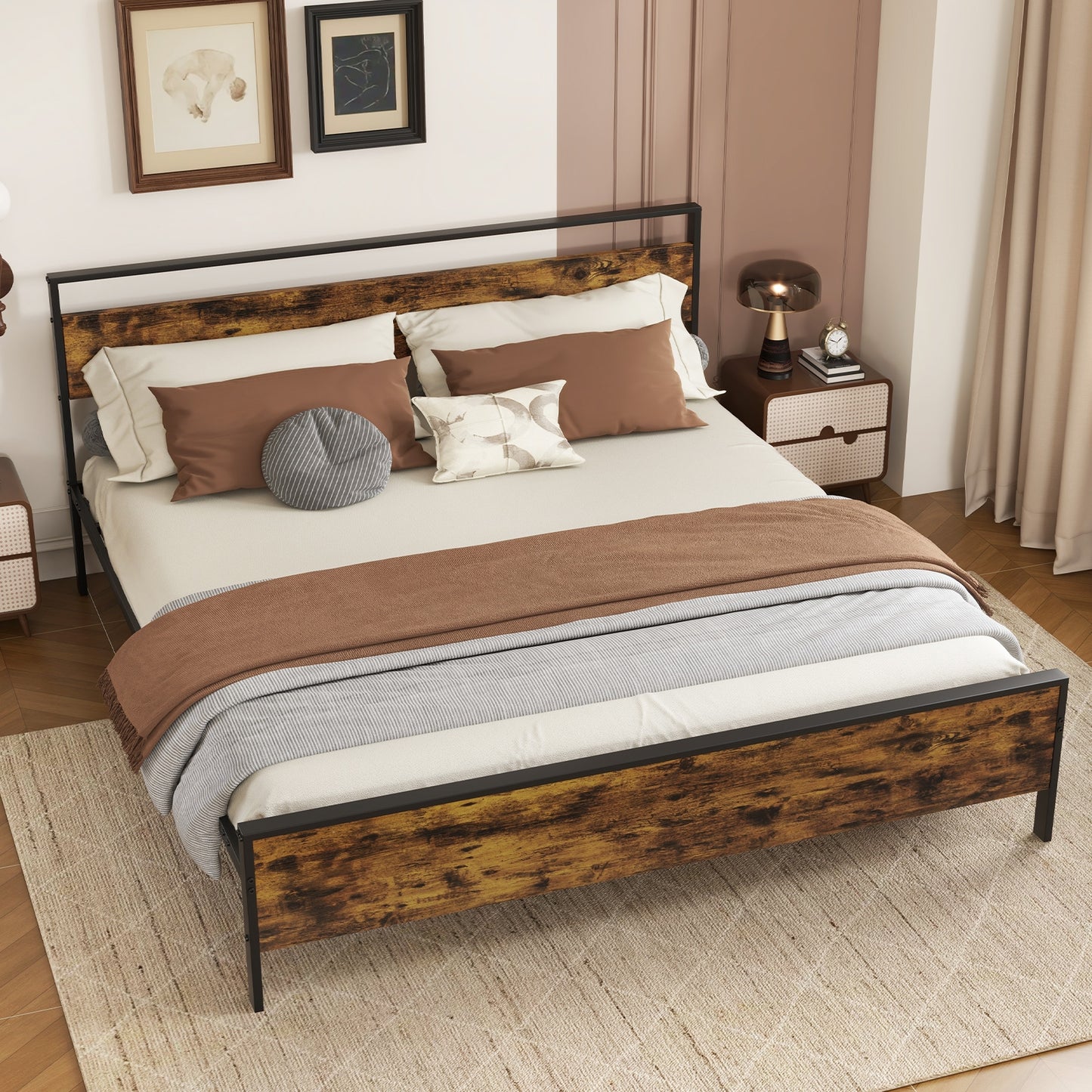 Heavy-Duty Industrial Platform Bed with Wood Headboard and Storage Space, King Size