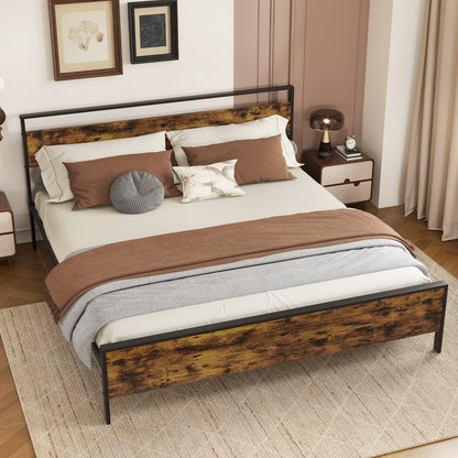 Heavy-Duty Industrial Platform Bed with Wood Headboard and Storage Space, King Size