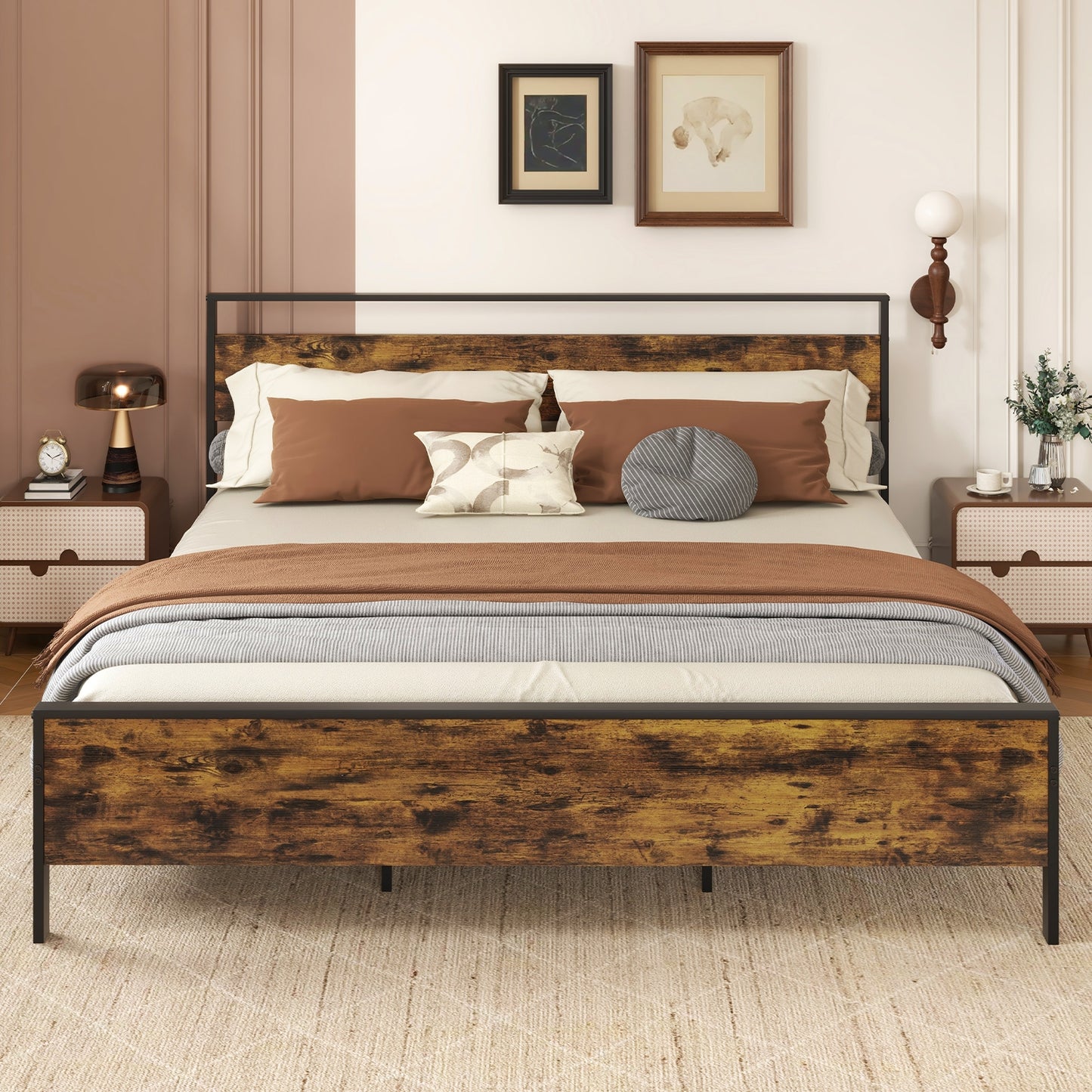 Heavy-Duty Industrial Platform Bed with Wood Headboard and Storage Space, King Size