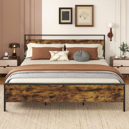 Heavy-Duty Industrial Platform Bed with Wood Headboard and Storage Space, King Size