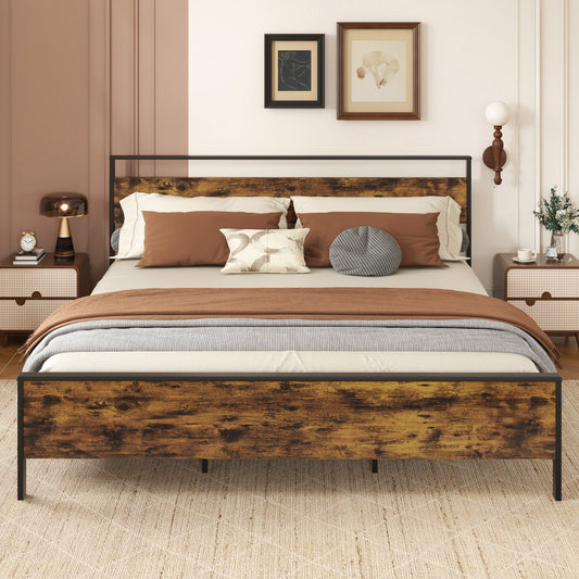 Heavy-Duty Industrial Platform Bed with Wood Headboard and Storage Space, King Size