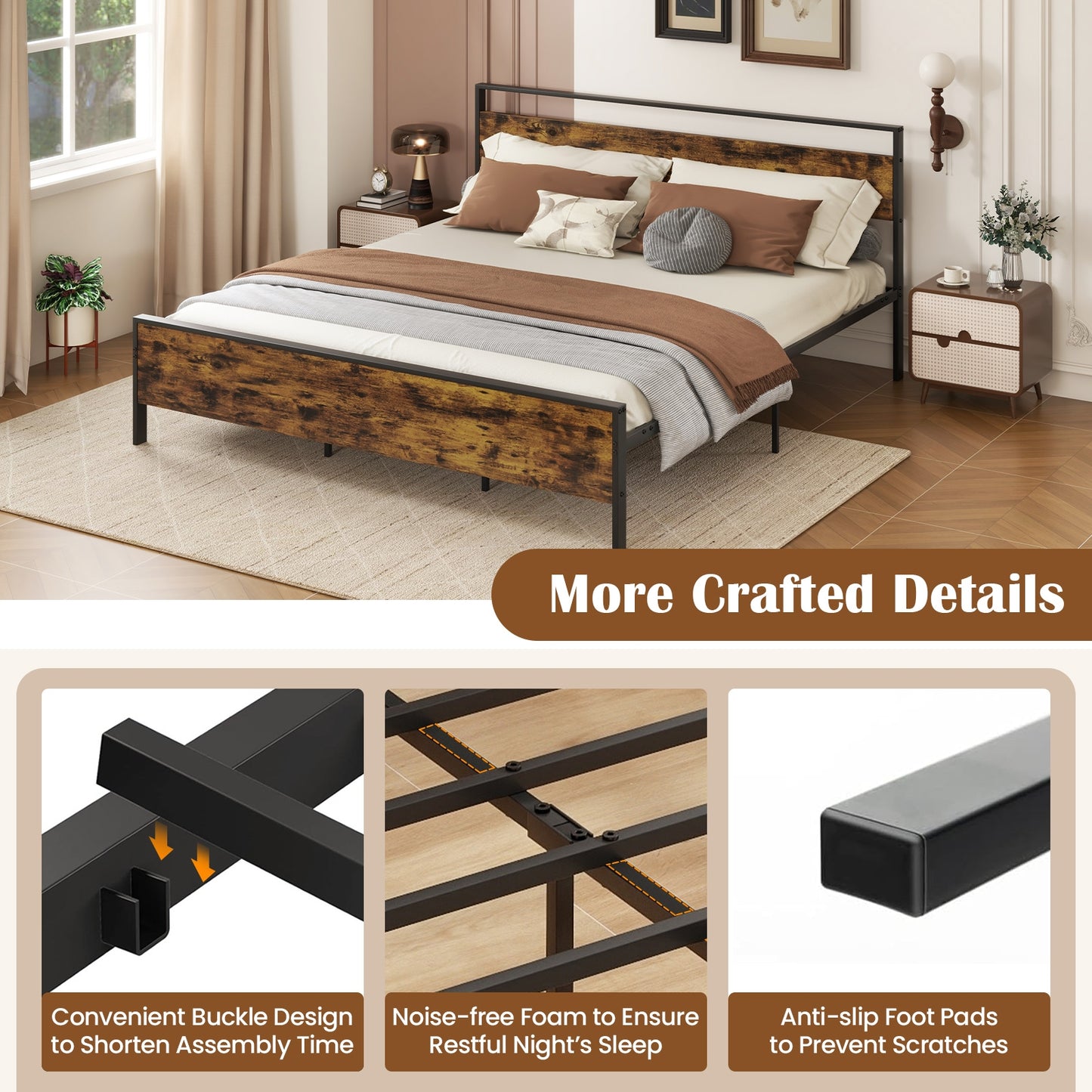 Heavy-Duty Industrial Platform Bed with Wood Headboard and Storage Space, King Size