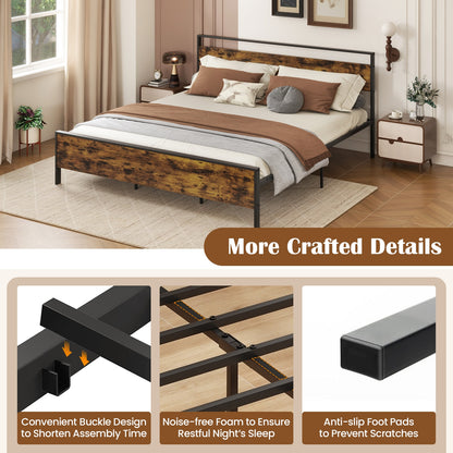 Heavy-Duty Industrial Platform Bed with Wood Headboard and Storage Space, King Size