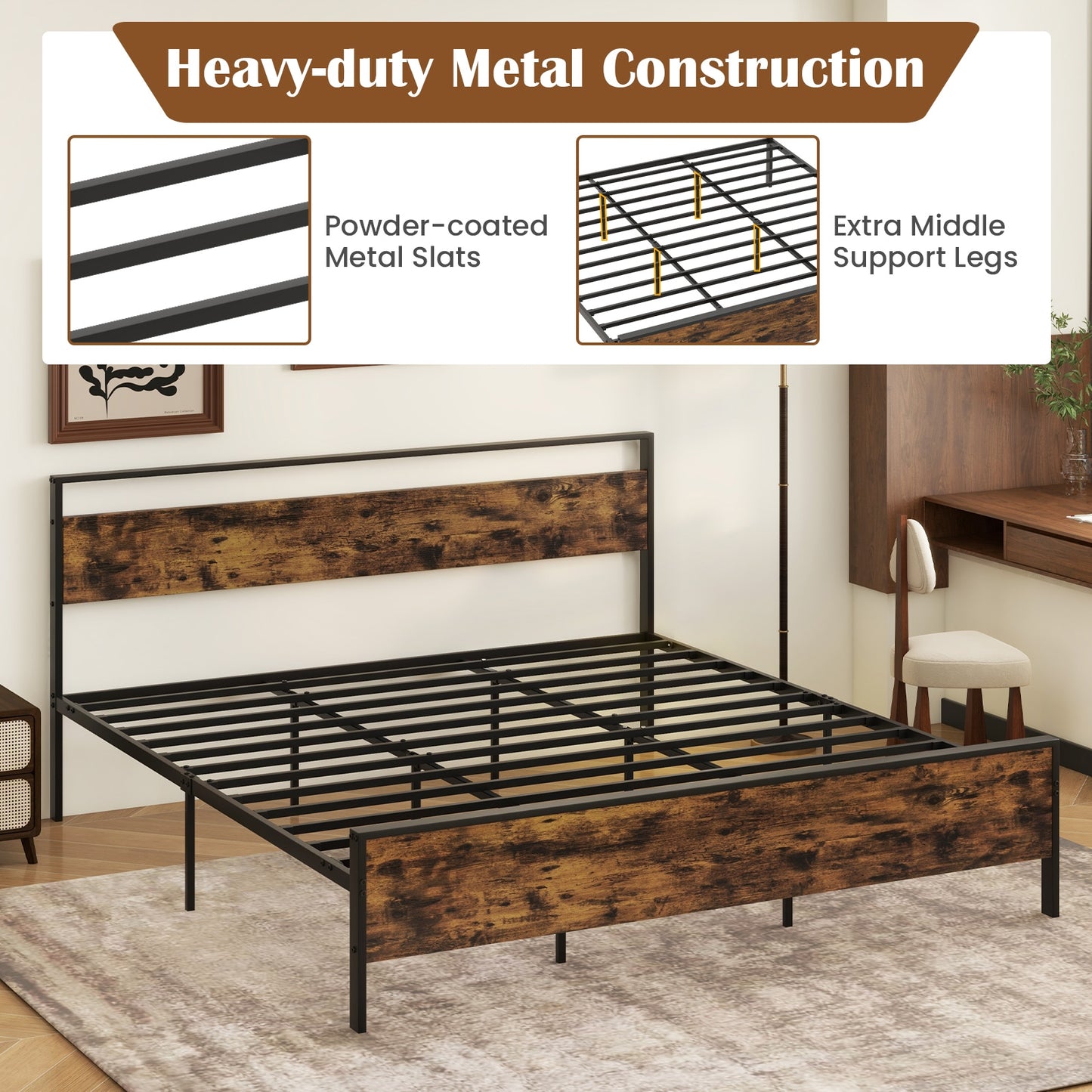 Heavy-Duty Industrial Platform Bed with Wood Headboard and Storage Space, King Size
