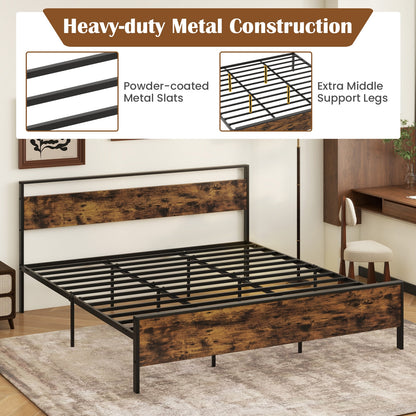 Heavy-Duty Industrial Platform Bed with Wood Headboard and Storage Space, King Size