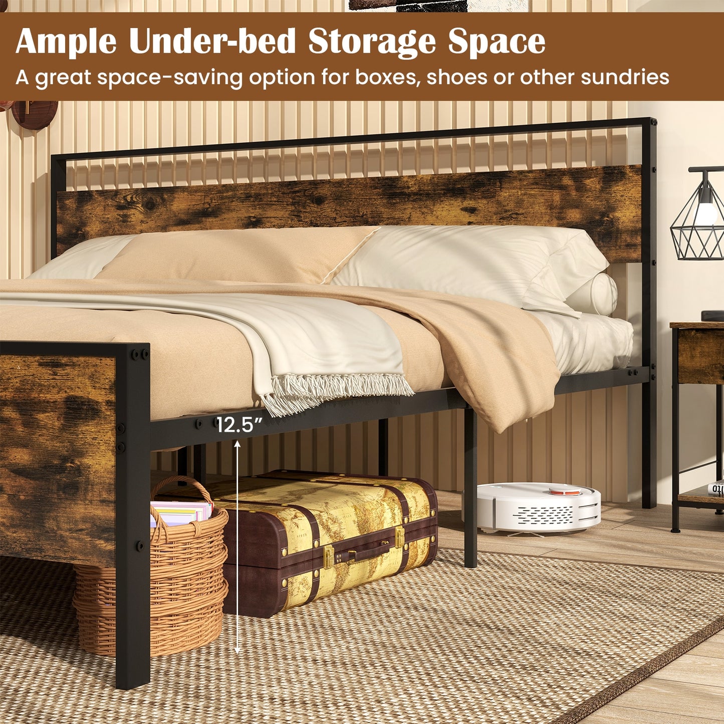 Heavy-Duty Industrial Platform Bed with Wood Headboard and Storage Space, King Size