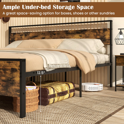 Heavy-Duty Industrial Platform Bed with Wood Headboard and Storage Space, King Size