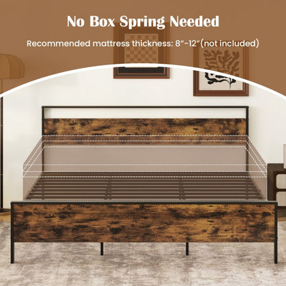 Heavy-Duty Industrial Platform Bed with Wood Headboard and Storage Space, King Size