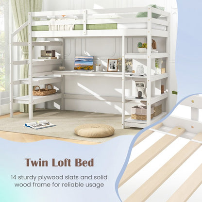 Multifunctional Twin Loft Bed with Desk, Storage Stairs, Shelves, and Safety Guardrails