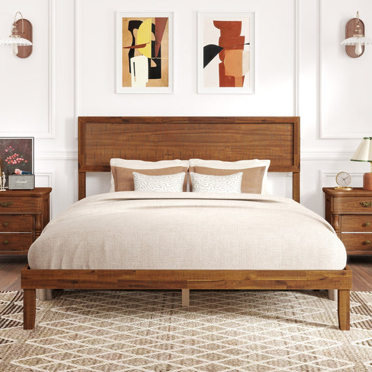 Classic Wood Bed Frame with Slat Foundation and Vintage Headboard, Queen Size