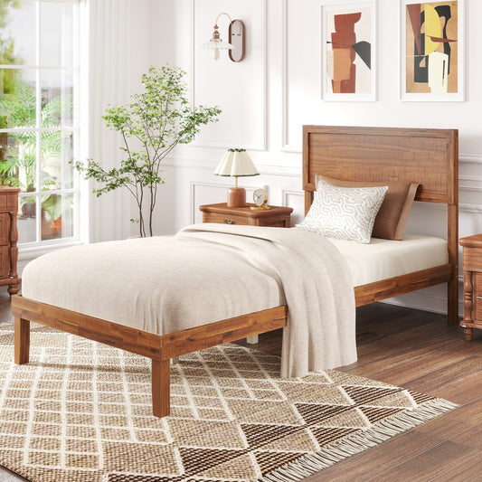 Classic Wood Bed Frame with Slat Foundation and Vintage Headboard, Twin Size