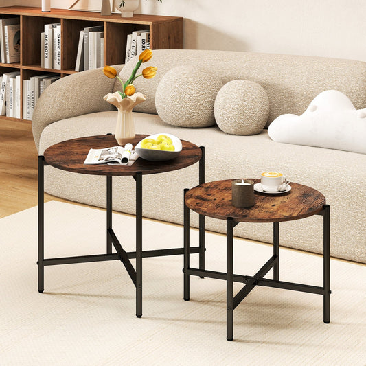 Nesting Round Coffee Table Set of 2 with Metal Base and Wood Top - Rustic Brown