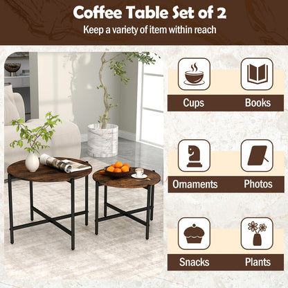 Nesting Round Coffee Table Set of 2 with Metal Base and Wood Top - Rustic Brown