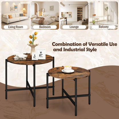 Nesting Round Coffee Table Set of 2 with Metal Base and Wood Top - Rustic Brown