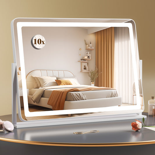 32 x 22 Inch LED Makeup Vanity Mirror with Adjustable 3 Color Lighting & 10X Magnification