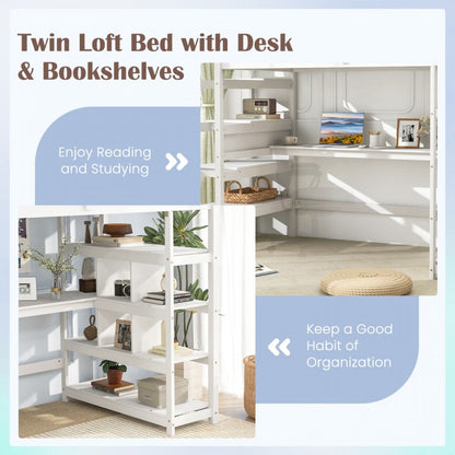 Multifunctional Twin Loft Bed with Desk, Storage Stairs, Shelves, and Safety Guardrails