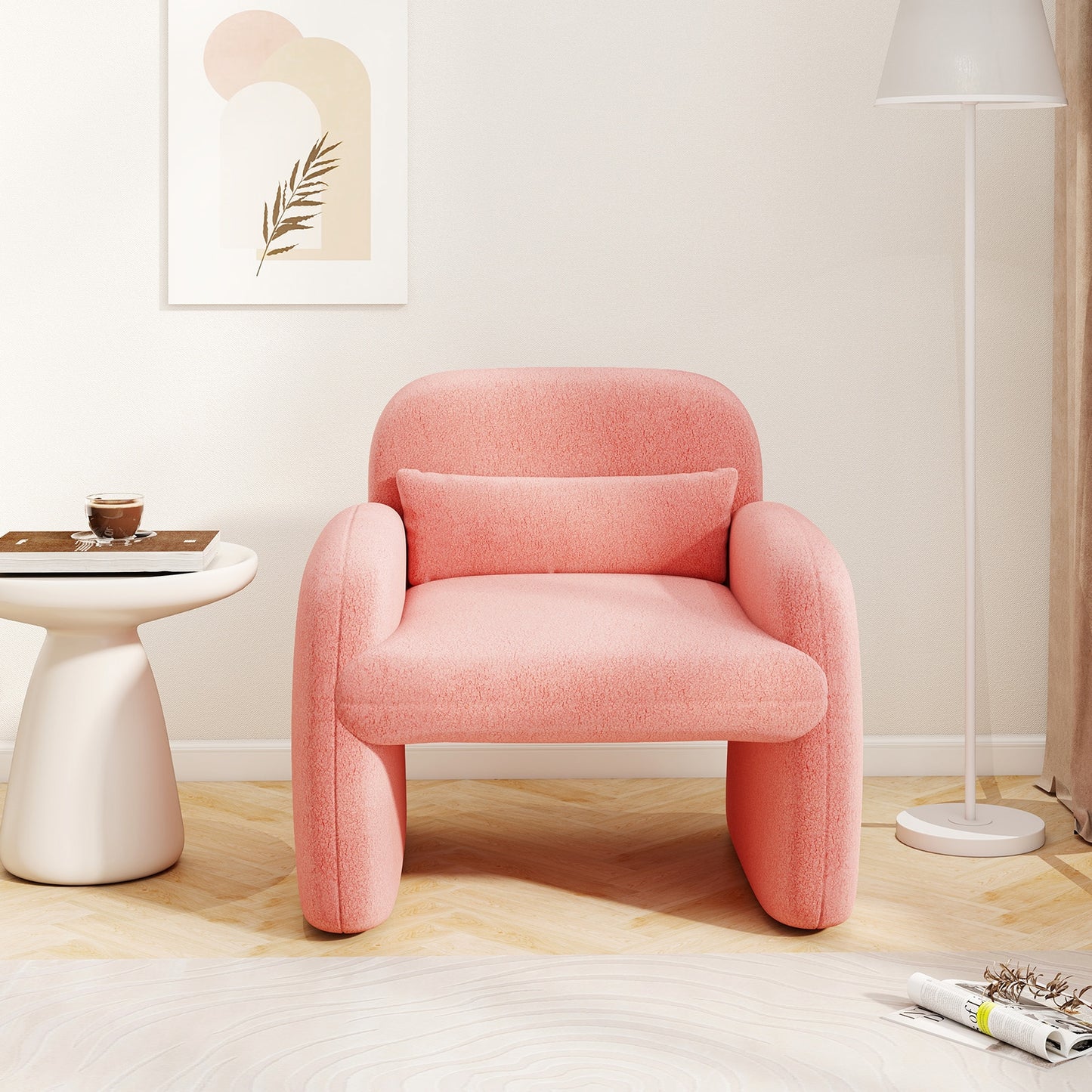 Cozy Boucle Accent Chair with Supportive Pillow and Curved Armrests in Pink