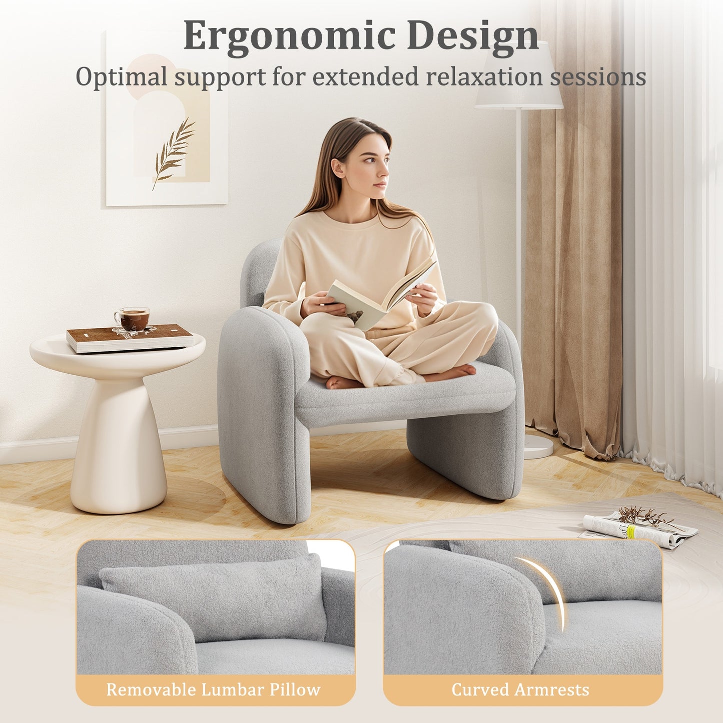 Cozy Boucle Accent Chair with Supportive Pillow and Curved Armrests in Grey