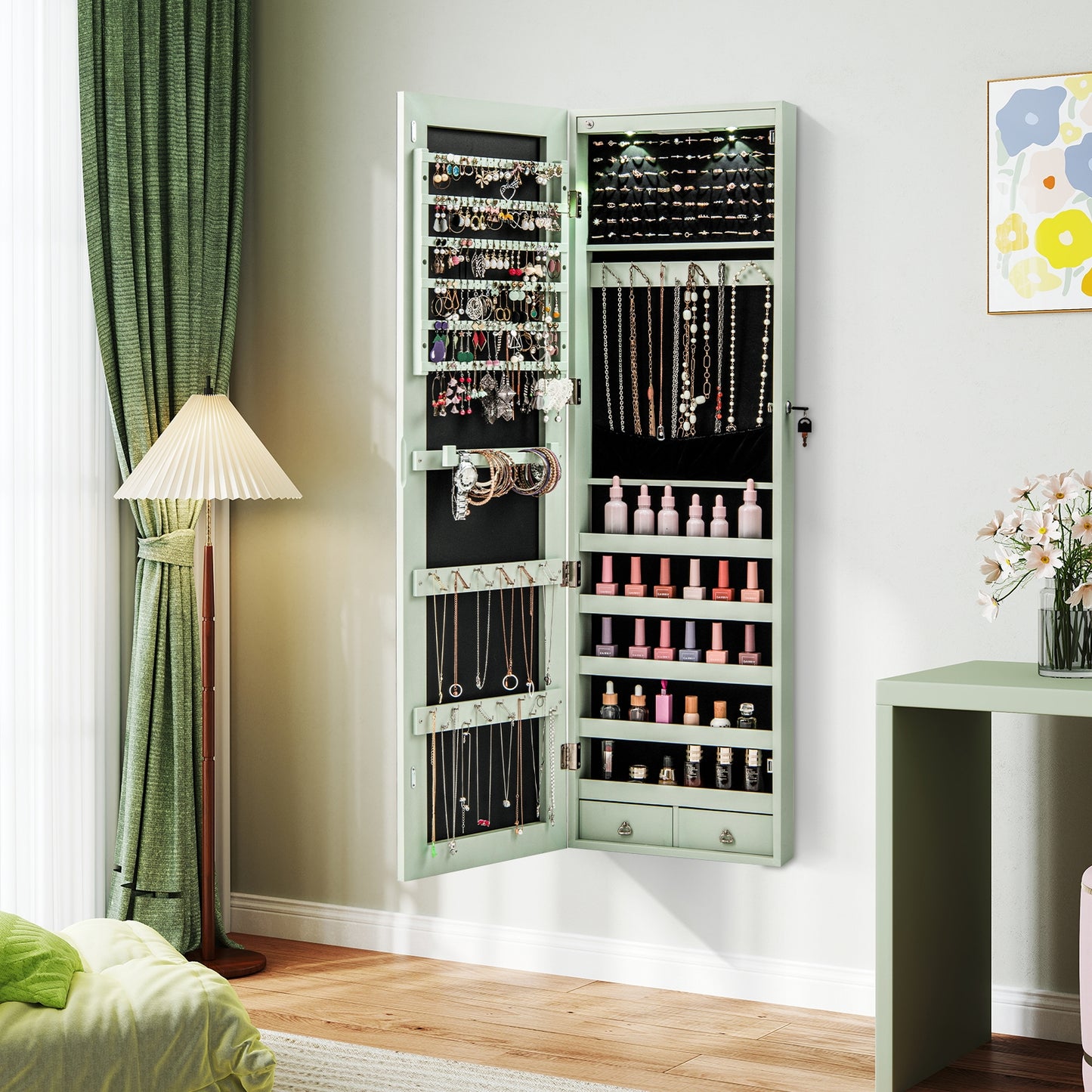 LED Lighted Mirrored Jewelry Cabinet Armoire for Wall or Door Mount – Green