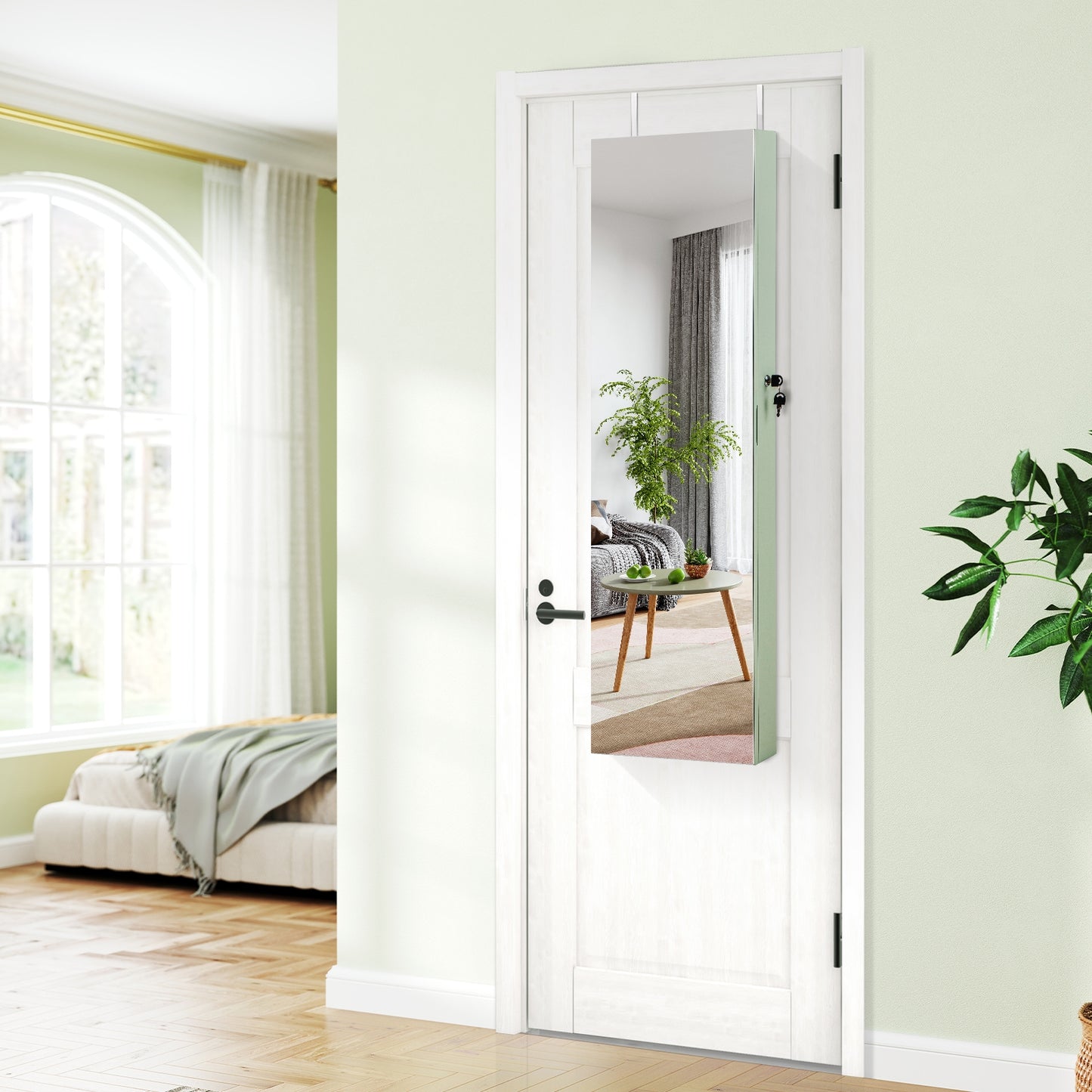 LED Lighted Mirrored Jewelry Cabinet Armoire for Wall or Door Mount – Green