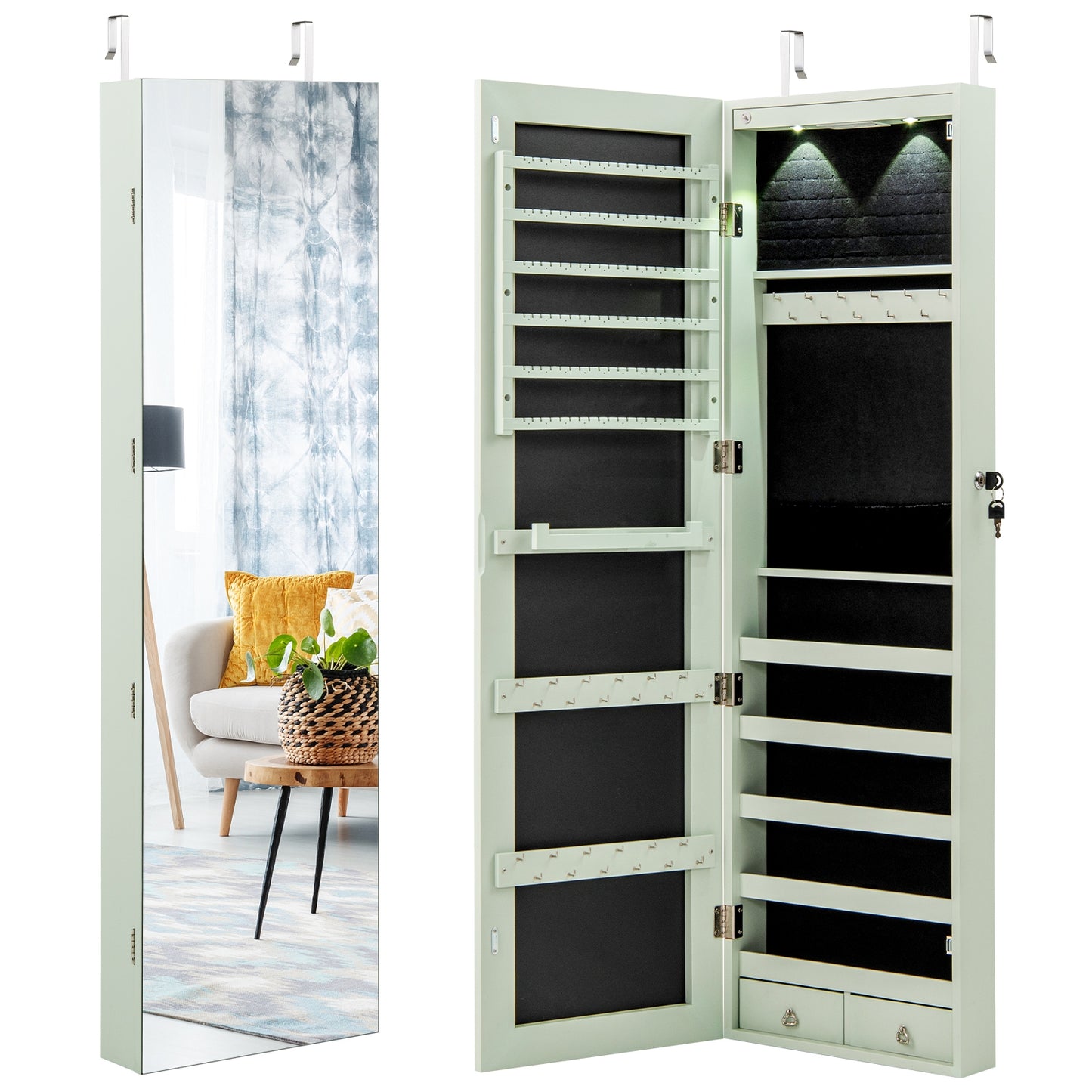 LED Lighted Mirrored Jewelry Cabinet Armoire for Wall or Door Mount – Green