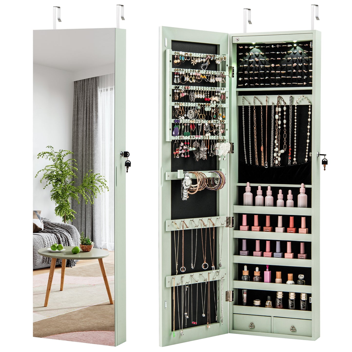 LED Lighted Mirrored Jewelry Cabinet Armoire for Wall or Door Mount – Green