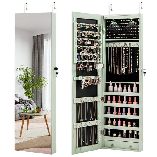 LED Lighted Mirrored Jewelry Cabinet Armoire for Wall or Door Mount – Green