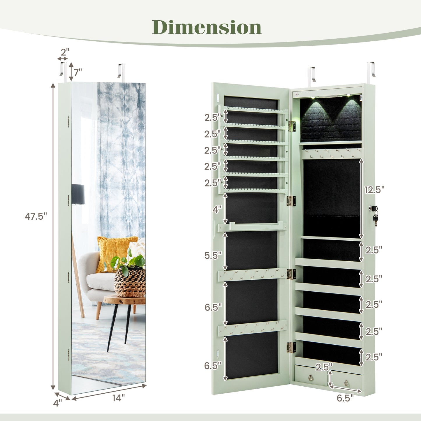 LED Lighted Mirrored Jewelry Cabinet Armoire for Wall or Door Mount – Green
