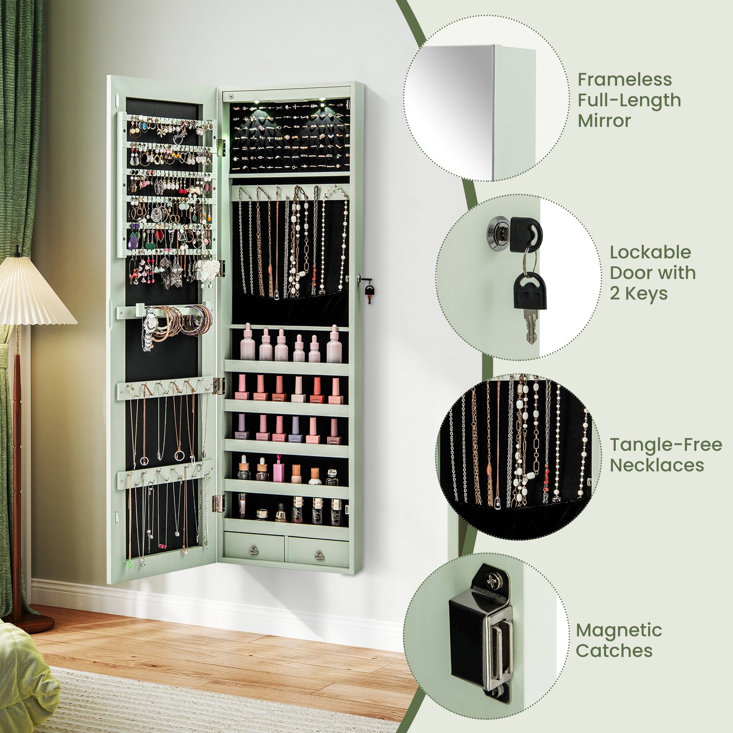 LED Lighted Mirrored Jewelry Cabinet Armoire for Wall or Door Mount – Green