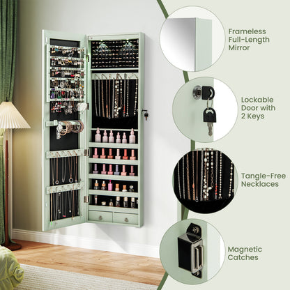 LED Lighted Mirrored Jewelry Cabinet Armoire for Wall or Door Mount – Green