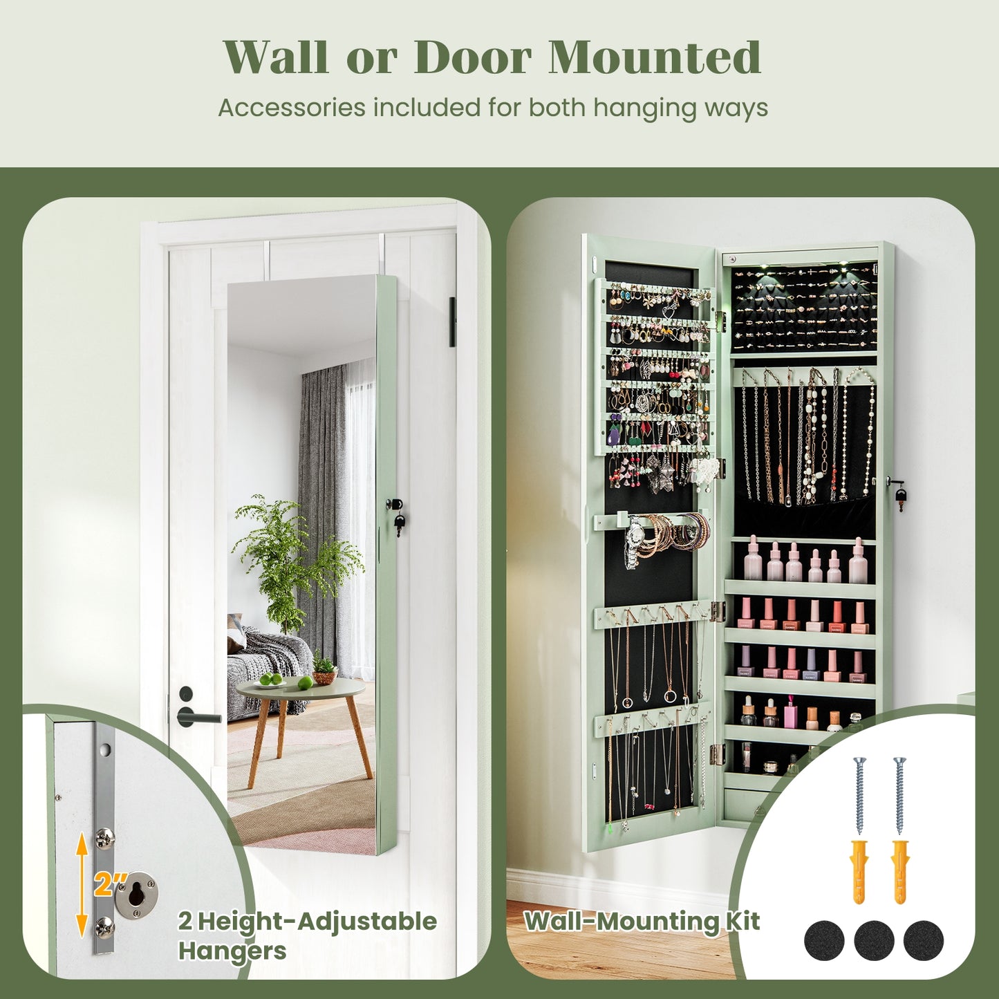 LED Lighted Mirrored Jewelry Cabinet Armoire for Wall or Door Mount – Green
