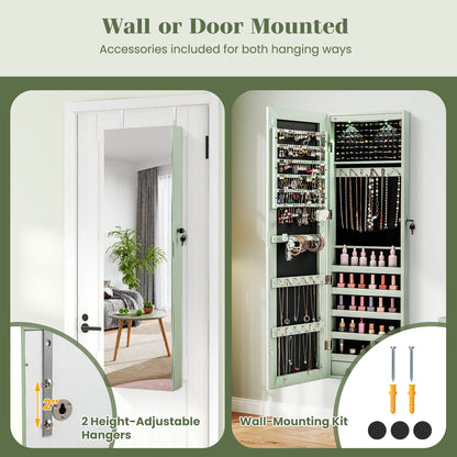 LED Lighted Mirrored Jewelry Cabinet Armoire for Wall or Door Mount – Green
