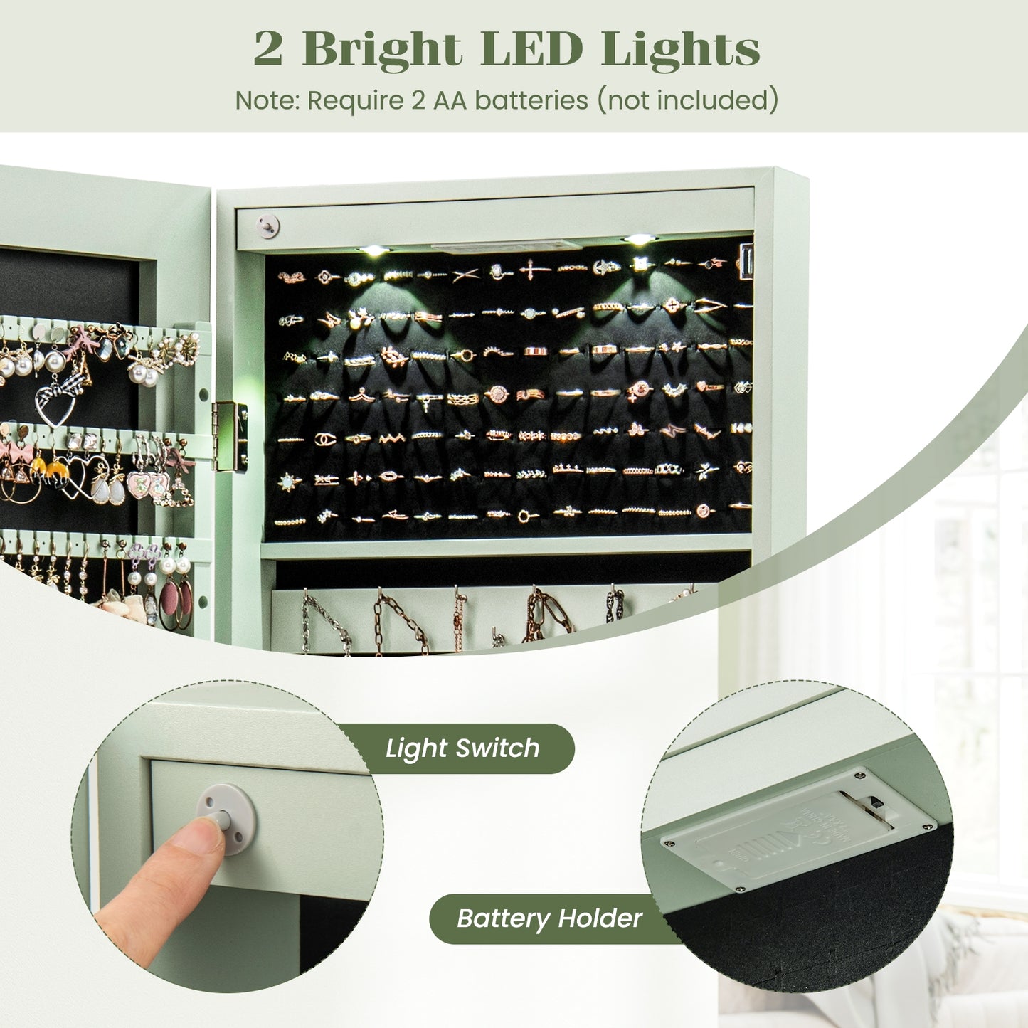 LED Lighted Mirrored Jewelry Cabinet Armoire for Wall or Door Mount – Green
