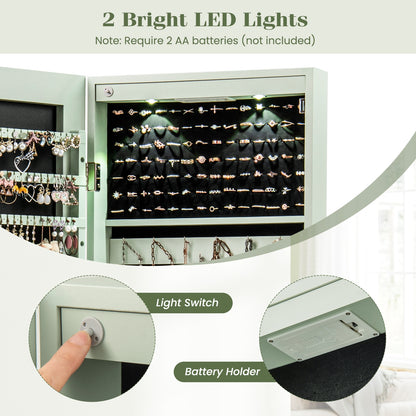 LED Lighted Mirrored Jewelry Cabinet Armoire for Wall or Door Mount – Green