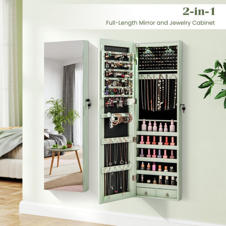LED Lighted Mirrored Jewelry Cabinet Armoire for Wall or Door Mount – Green