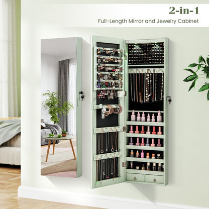 LED Lighted Mirrored Jewelry Cabinet Armoire for Wall or Door Mount – Green