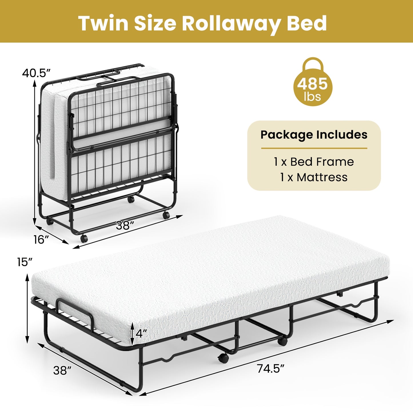 Heavy-Duty Twin Folding Bed with Memory Foam Mattress and Sturdy Metal Frame