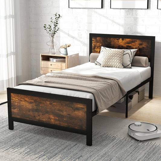 Farmhouse Style Metal Bed Frame with Wooden Touches and Silent Support, Twin Size