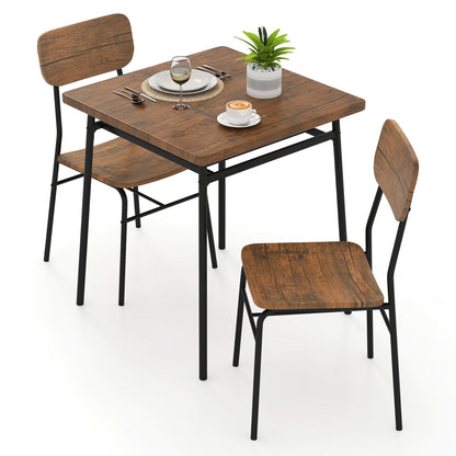 Modern 3 Piece Dining Table Set with Wood Square Table and 2 Metal Frame Chairs